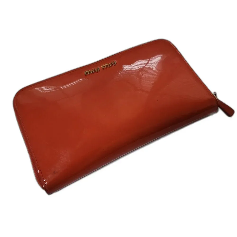 MIU MIU Orange Zip Signature Patent Leather Bow Long Wallet and Box